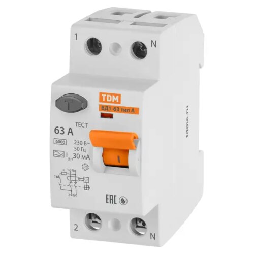 УЗО TDM Electric ВД1-63 2Р 63 А 30 мА 6 кА A