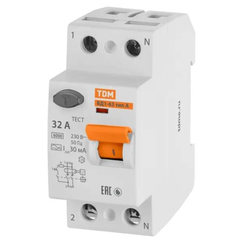 УЗО TDM Electric ВД1-63 2Р 32 А 30 мА 6 кА A